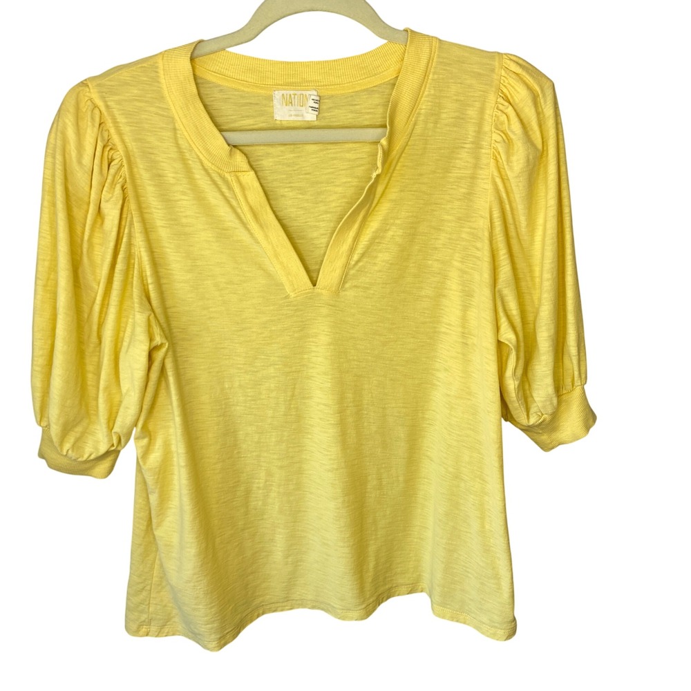 Nation LTD Yellow Slub Knit Puff Sleeve Split Neck Top Large